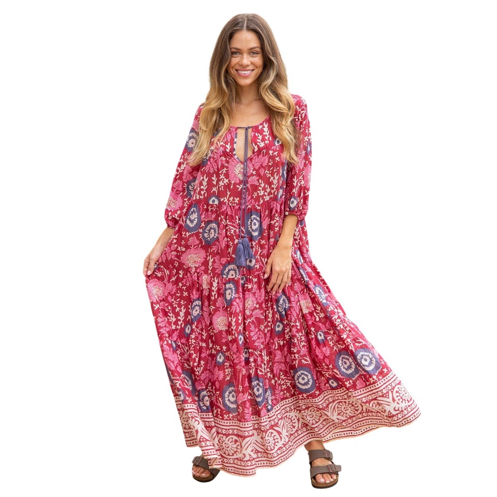 Natural Life Maxi Dress Women Large Red Floral Boho‎ Tassel Tiered Cottagecore